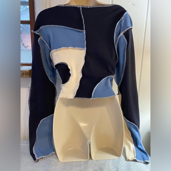 Nasty Gal NWOT patchwork long sleeve ribbed cotton sweater navy,blue,cream, M - Picture 6 of 7